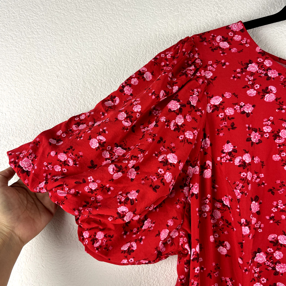 Old Navy Floral Maxi Dress Womens XXL Tall Red Puff Sleeve Open Back Front Slit - Picture 6 of 15